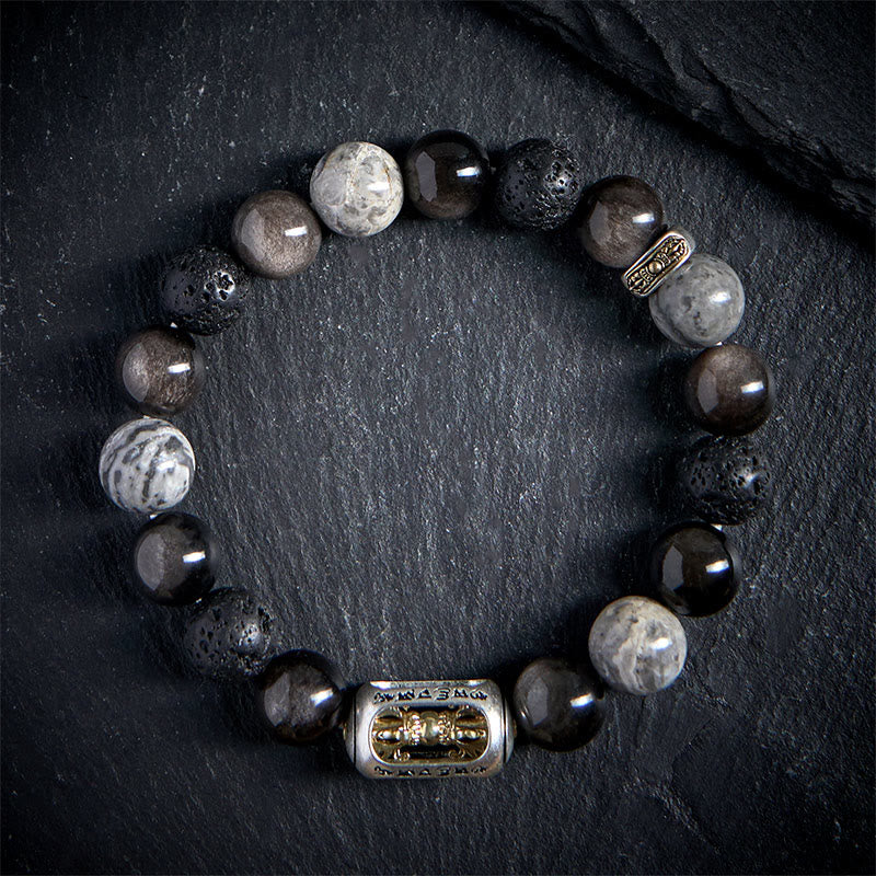Buddha Stones argent éclat obsidienne pierre de lave jaspe gris Om Mani Padme Hum Vajra bracelet apaisant - image 1