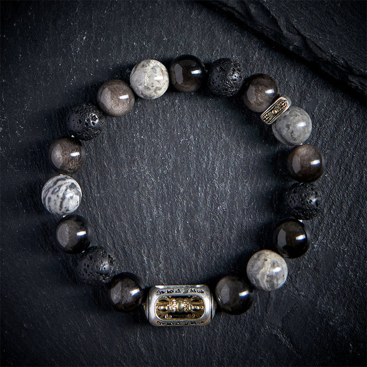 Buddha Stones argent éclat obsidienne pierre de lave jaspe gris Om Mani Padme Hum Vajra bracelet apaisant - image 1