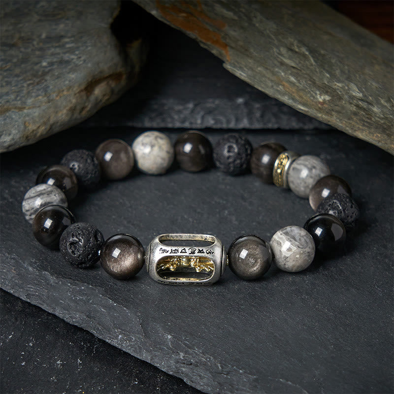 Buddha Stones argent éclat obsidienne pierre de lave jaspe gris Om Mani Padme Hum Vajra bracelet apaisant - 17 cm - image 0