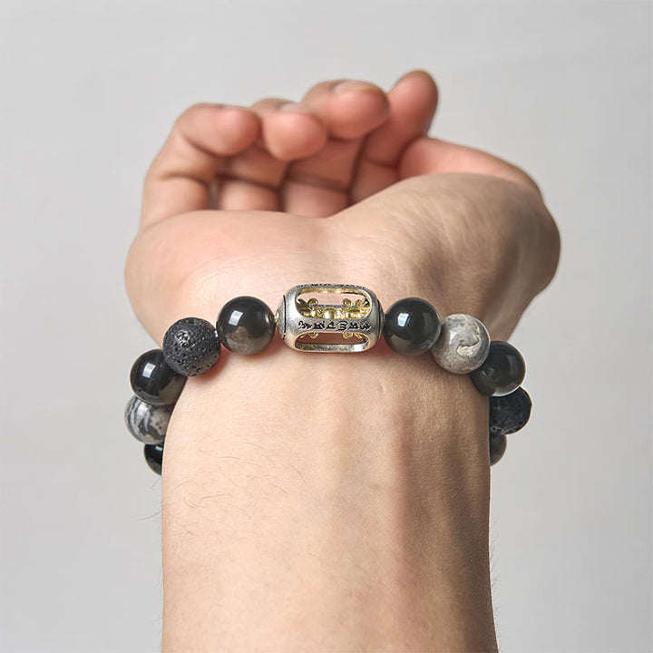 Buddha Stones argent éclat obsidienne pierre de lave jaspe gris Om Mani Padme Hum Vajra bracelet apaisant - image 3