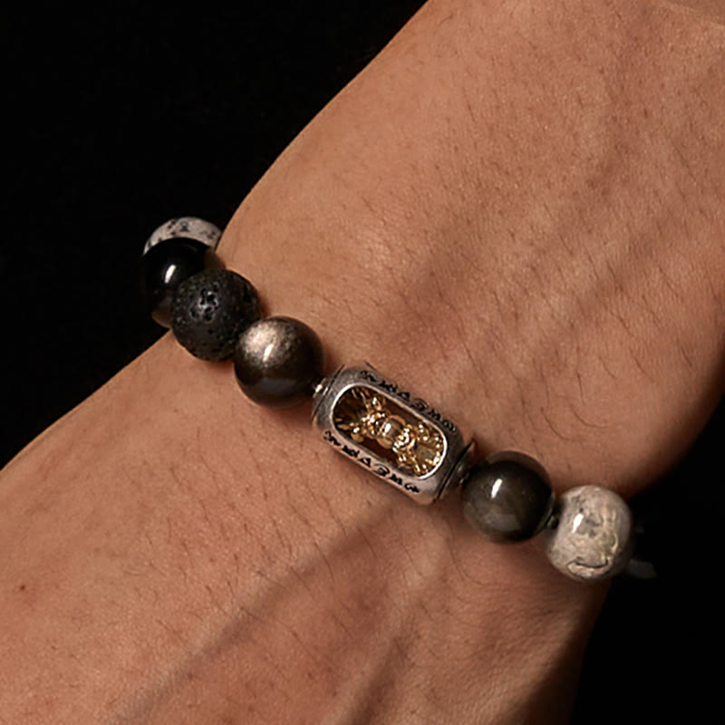 Buddha Stones argent éclat obsidienne pierre de lave jaspe gris Om Mani Padme Hum Vajra bracelet apaisant - image 2