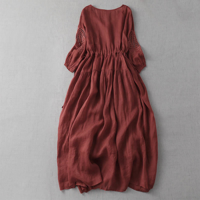 Robe mi-longue à manches bouffantes et cordon de serrage avec broderies de Buddha Stones et poches - image 15