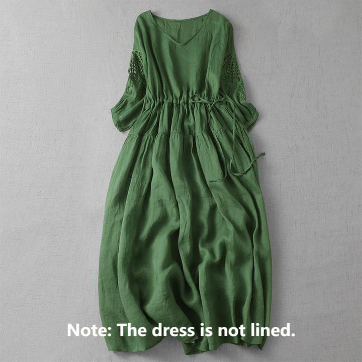 Robe mi-longue à manches bouffantes et cordon de serrage avec broderies de Buddha Stones et poches - image 2
