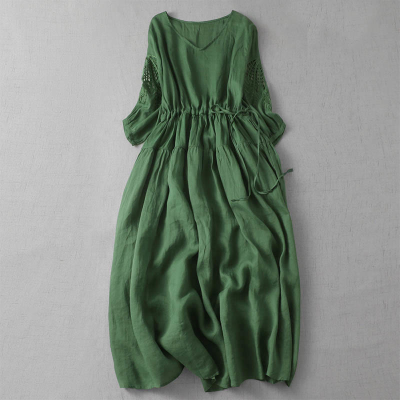 Robe mi-longue à manches bouffantes et cordon de serrage avec broderies de Buddha Stones et poches - Vert d'eau - US8-10，UK/AU12-14，EU40-42 (2XL) - image 1