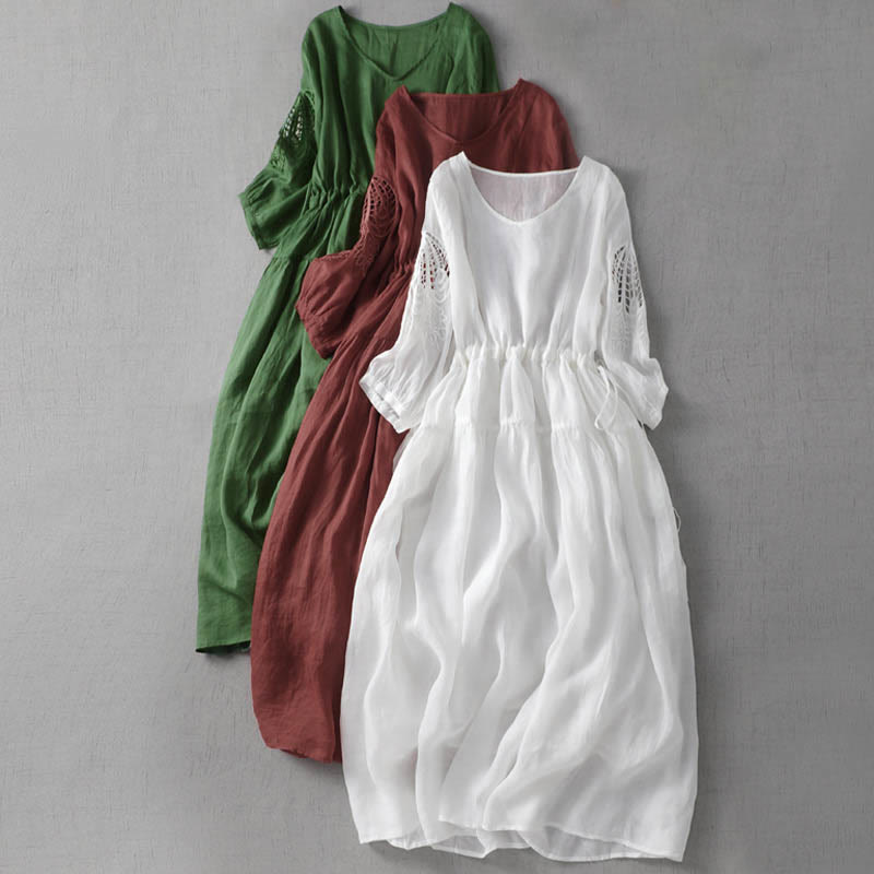 Robe mi-longue à manches bouffantes et cordon de serrage avec broderies de Buddha Stones et poches - image 0