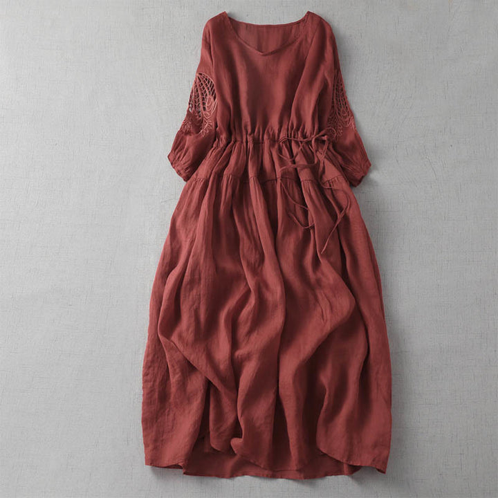 Robe mi-longue à manches bouffantes et cordon de serrage avec broderies de Buddha Stones et poches - Cramoisi - US8-10，UK/AU12-14，EU40-42 (2XL) - image 3