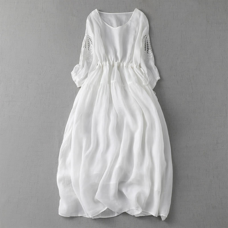 Robe mi-longue à manches bouffantes et cordon de serrage avec broderies de Buddha Stones et poches - Blanc - US8-10，UK/AU12-14，EU40-42 (2XL) - image 19