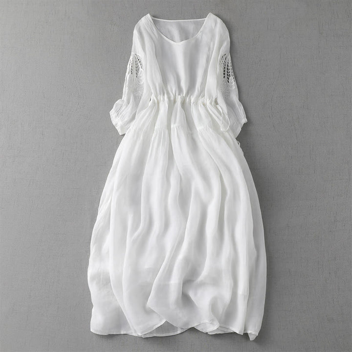 Robe mi-longue à manches bouffantes et cordon de serrage avec broderies de Buddha Stones et poches - Blanc - US8-10，UK/AU12-14，EU40-42 (2XL) - image 19