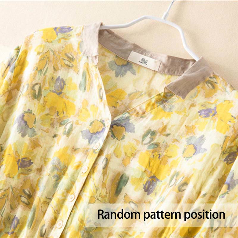 Robe mi-longue à manches mi-longues et motifs floraux contrastés avec poches et Buddha Stones - image 14