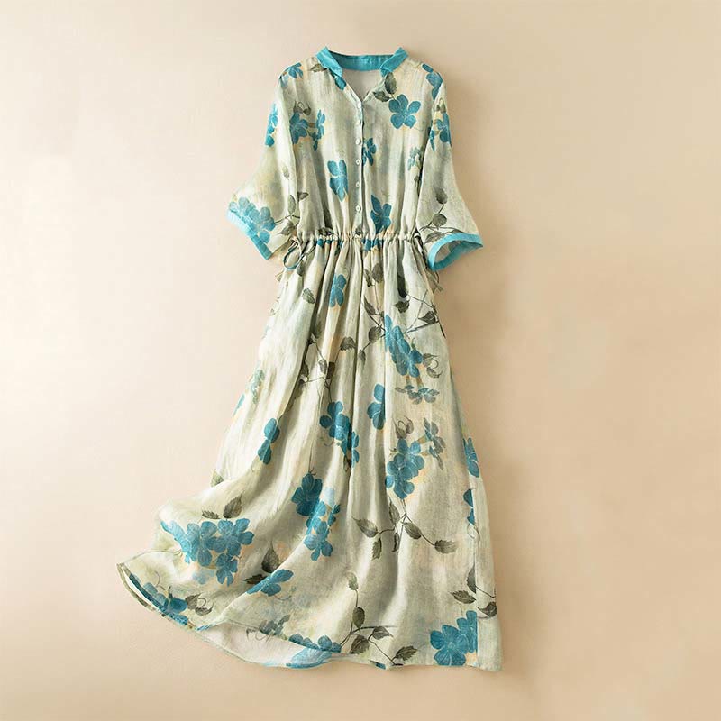 Robe mi-longue à manches mi-longues et motifs floraux contrastés avec poches et Buddha Stones - Vert clair - US12，UK/AU16，EU44 (3XL) - image 0