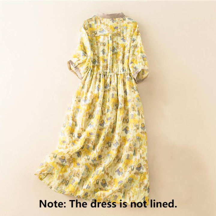 Robe mi-longue à manches mi-longues et motifs floraux contrastés avec poches et Buddha Stones - image 15