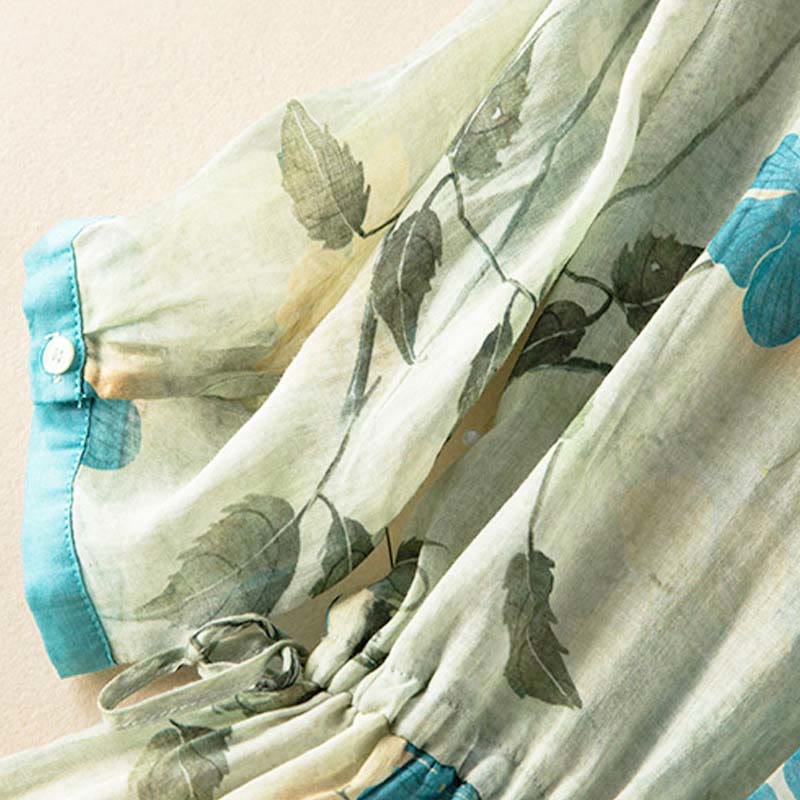 Robe mi-longue à manches mi-longues et motifs floraux contrastés avec poches et Buddha Stones - image 9