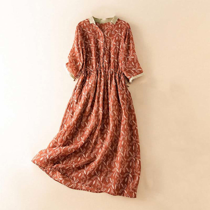 Robe mi-longue à manches mi-longues et motifs floraux contrastés avec poches et Buddha Stones - FireBrick - US12，UK/AU16，EU44 (3XL) - image 20