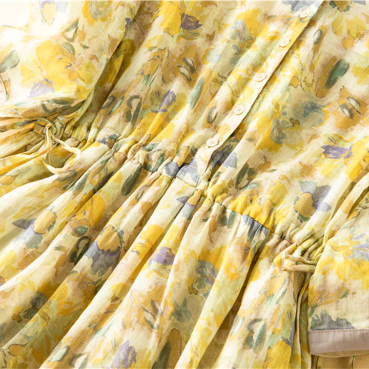 Robe mi-longue à manches mi-longues et motifs floraux contrastés avec poches et Buddha Stones - image 18