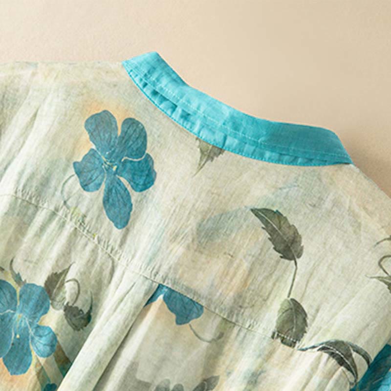 Robe mi-longue à manches mi-longues et motifs floraux contrastés avec poches et Buddha Stones - image 7