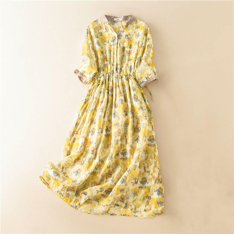 Robe mi-longue à manches mi-longues et motifs floraux contrastés avec poches et Buddha Stones - Jaune - US12，UK/AU16，EU44 (3XL) - image 13