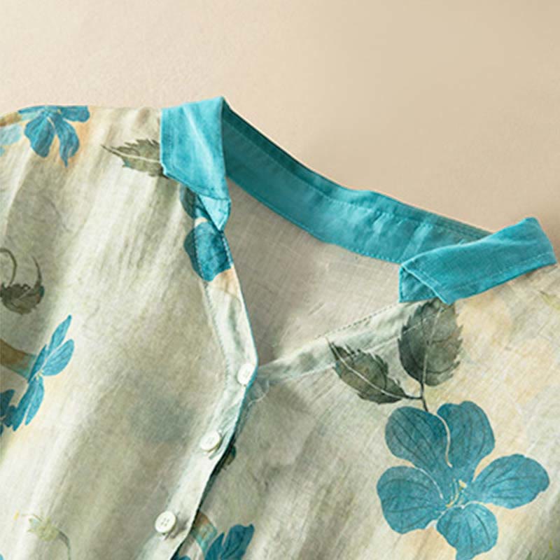 Robe mi-longue à manches mi-longues et motifs floraux contrastés avec poches et Buddha Stones - image 8