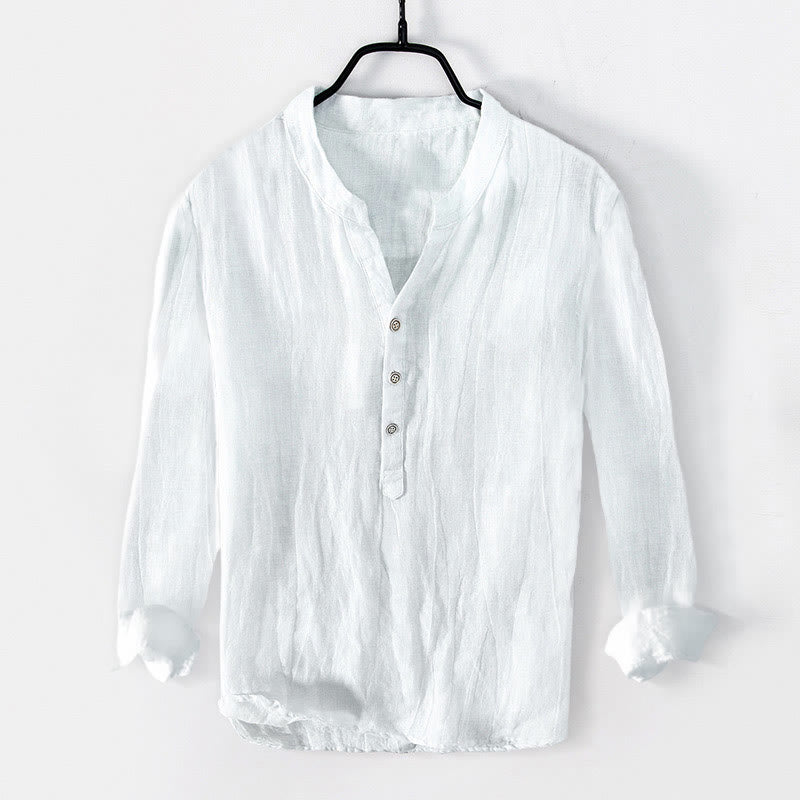 Chemise à manches courtes et demi-bouton en Coton et lin de couleur unie Buddha Stones pour hommes - manches longues - Blanc - US/UK/AU50，EU60 (5XL) - image 27