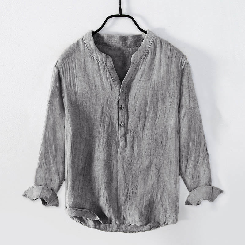 Chemise à manches longues et demi-boutonnée en coton et lin avec Buddha Stones , couleur unie, vêtements pour hommes - Gris - États-Unis/Royaume-Uni/AU50, EU60 (5XL) - image 0
