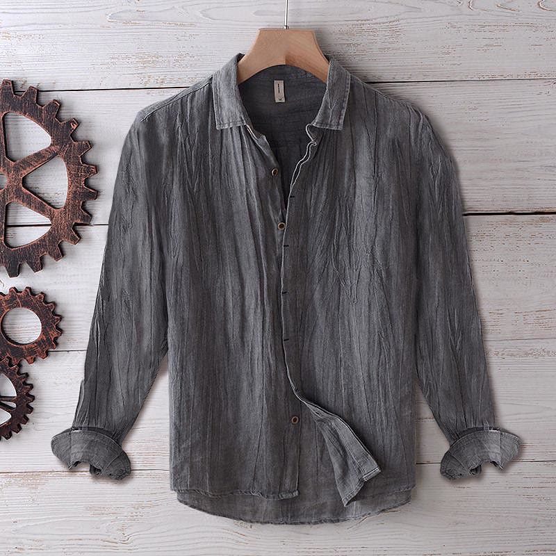 Chemise homme Buddha Stones couleur unie revers haut manches courtes confortable bouton pli chemise en coton et lin - manches longues - Gris - US/UK/AU50，EU60 (5XL) - image 19