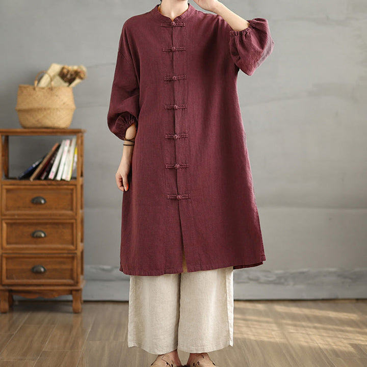 Manteau décontracté en coton et lin pour femme avec poches et boutons grenouille Buddha Stones - image 4