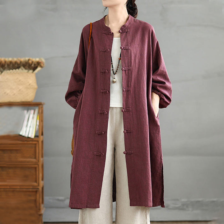 Manteau décontracté en coton et lin pour femme avec poches et boutons grenouille Buddha Stones - Violet - US12，UK/AU16，EU44 (2XL) - image 0