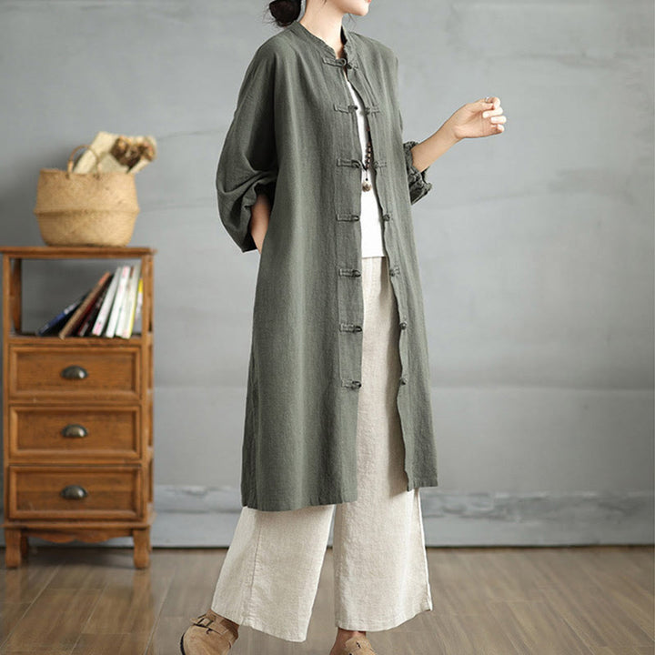 Manteau décontracté en coton et lin pour femme avec poches et boutons grenouille Buddha Stones - image 7