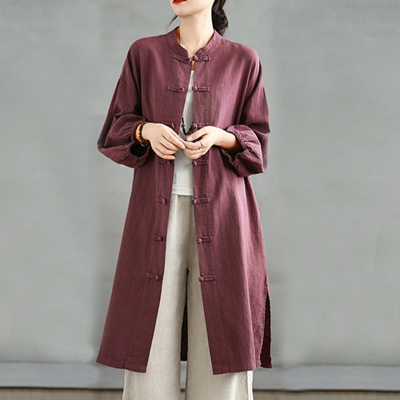 Manteau décontracté en coton et lin pour femme avec poches et boutons grenouille Buddha Stones - image 1