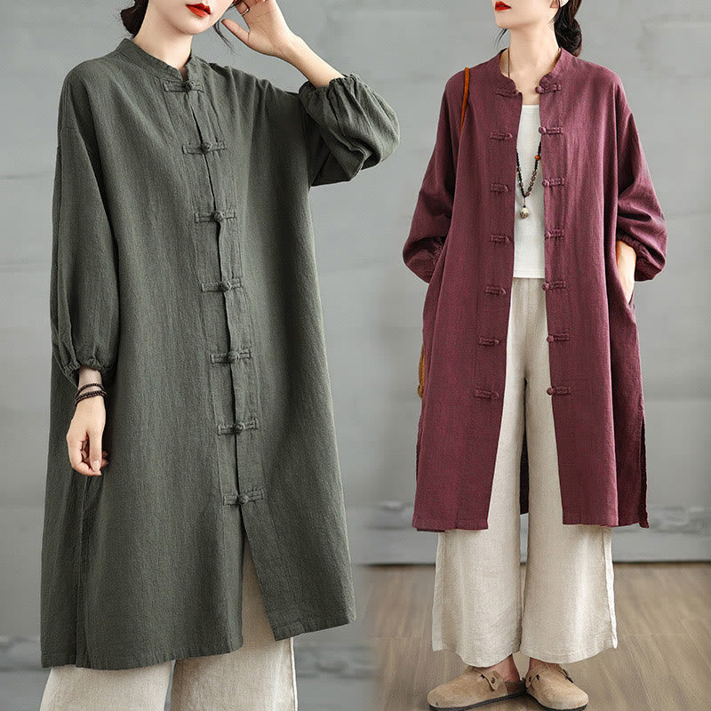 Manteau décontracté en coton et lin pour femme avec poches et boutons grenouille Buddha Stones - image 11