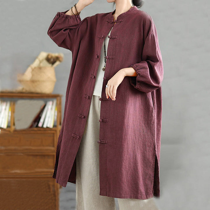 Manteau décontracté en coton et lin pour femme avec poches et boutons grenouille Buddha Stones - image 2