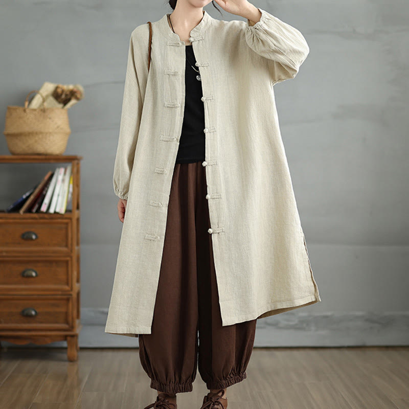Manteau décontracté en coton et lin pour femme avec poches et boutons grenouille Buddha Stones - Beige - US12，UK/AU16，EU44 (2XL) - image 12