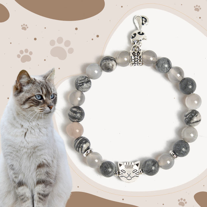 Bracelet de guérison en perles d'agate et de jaspe gris naturel avec Buddha Stones et chat de Birmanie - Chat Birman (Tour de poignet : 15-16 cm) - image 0