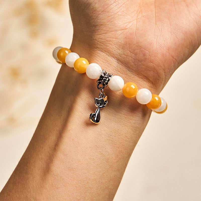 Bracelet de paix en Buddha Stones, chat tigré orange et blanc, calcédoine jaune et calcédoine blanche - image 4