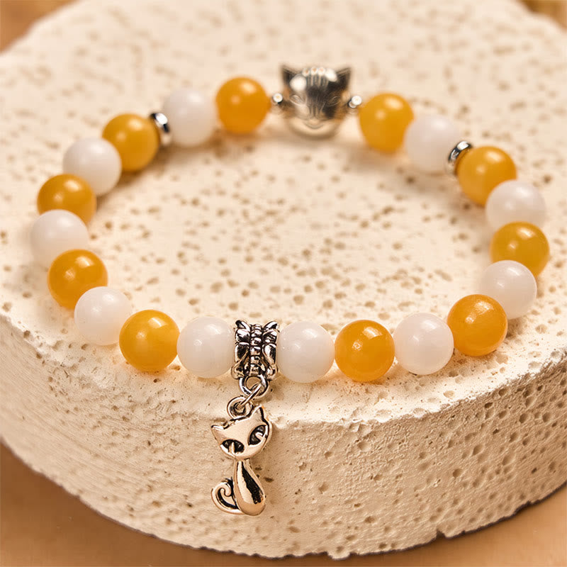 Bracelet de paix en Buddha Stones, chat tigré orange et blanc, calcédoine jaune et calcédoine blanche - image 2