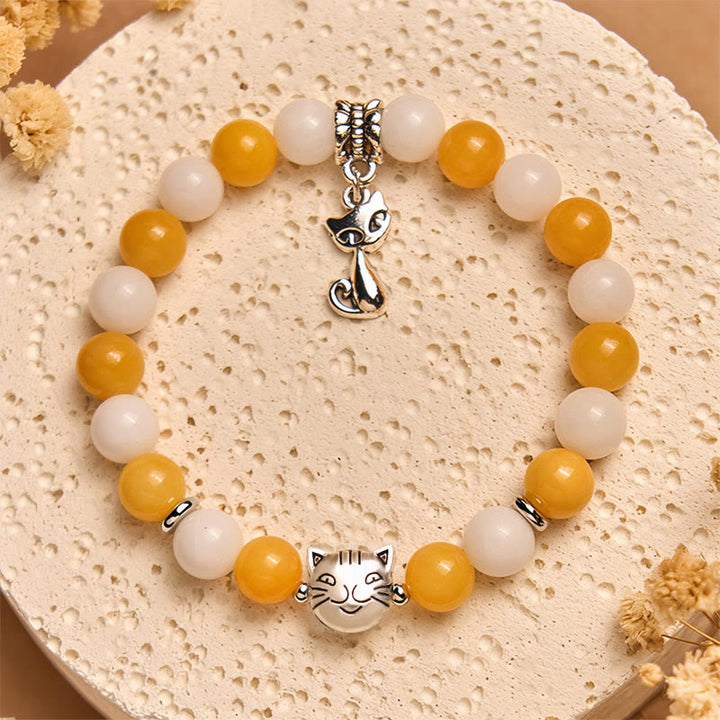 Bracelet de paix en Buddha Stones, chat tigré orange et blanc, calcédoine jaune et calcédoine blanche - image 3