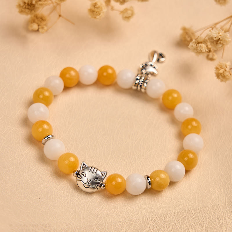Bracelet de paix en Buddha Stones, chat tigré orange et blanc, calcédoine jaune et calcédoine blanche - image 1