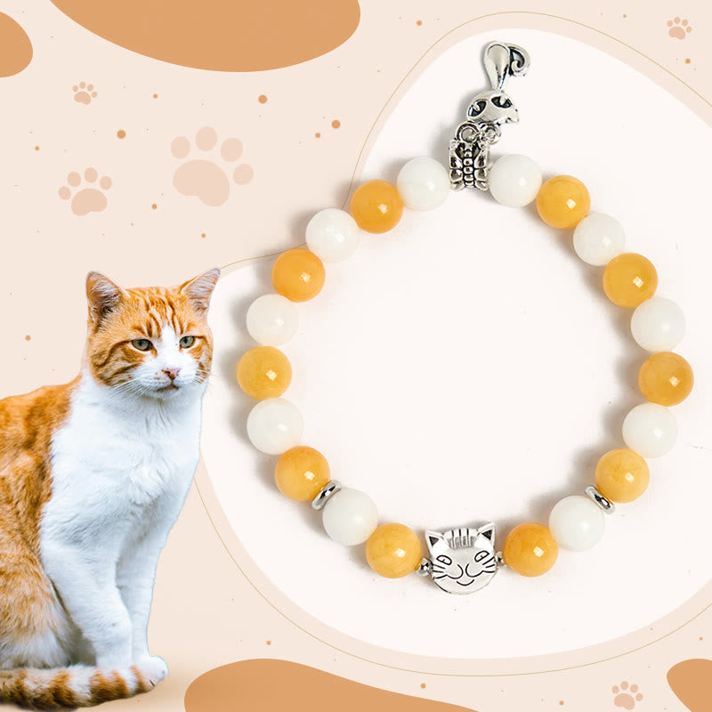 Bracelet de paix en Buddha Stones, chat tigré orange et blanc, calcédoine jaune et calcédoine blanche - Chat tigré orange et blanc (tour de poignet 15-16 cm) - image 0