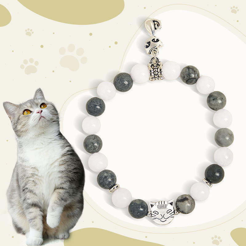 Bracelet de stabilité en jaspe veiné noir naturel et calcédoine blanche en pierre de Buddha Stones - Chat tigré gris (tour de poignet 15-16 cm) - image 0