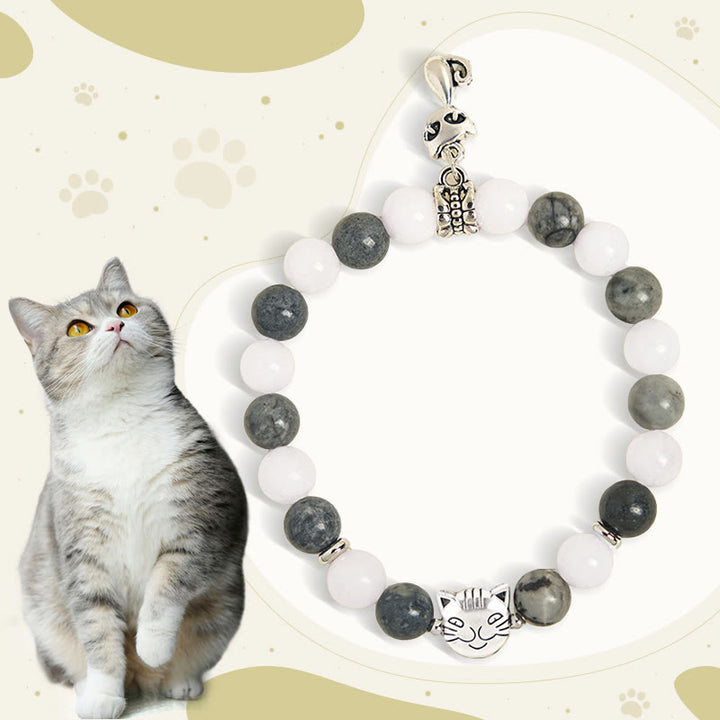 Bracelet de stabilité en jaspe veiné noir naturel et calcédoine blanche en pierre de Buddha Stones - Chat tigré gris (tour de poignet 15-16 cm) - image 0