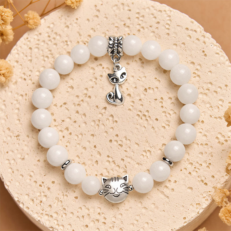 Bracelet positif en perles de calcédoine blanche naturelle avec Buddha Stones et chat blanc - image 2