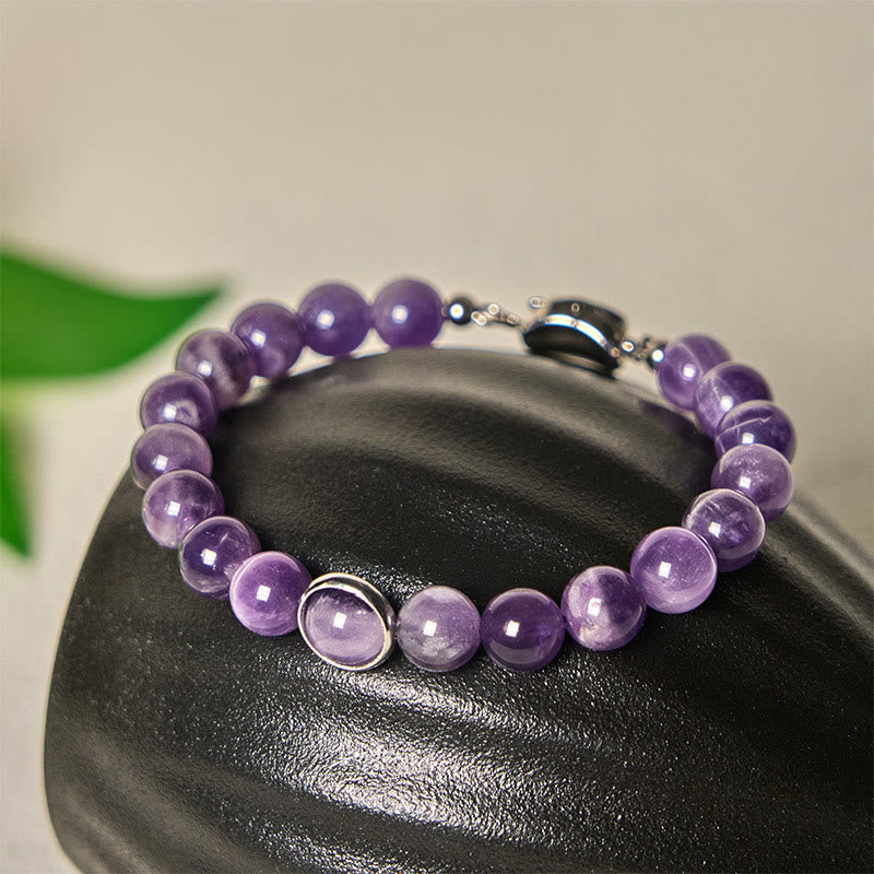 Bracelet en perles d'améthyste naturelle Buddha Stones , équilibre, soulagement du stress - Boucle améthyste et argentée (tour de poignet : 14-16 cm) - image 7
