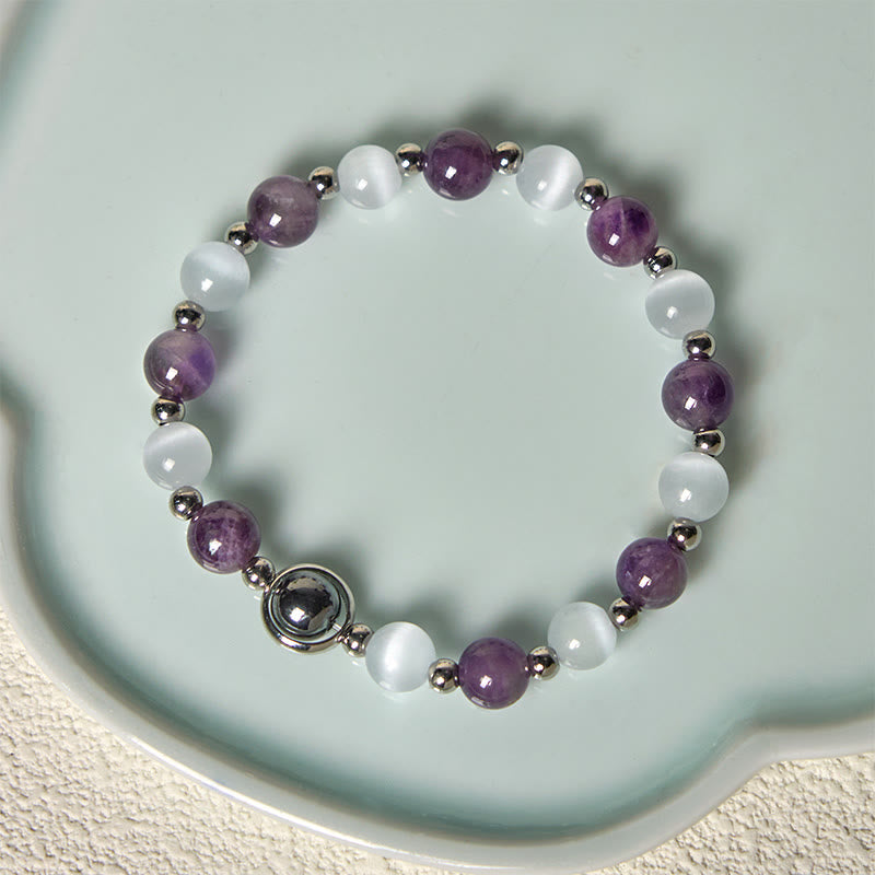 Bracelet d'équilibre en perles d'améthyste naturelle et œil de chat blanc de Buddha Stones - image 2