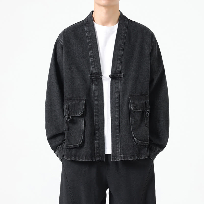 Veste en jean à manches longues et poches pour homme, en coton, avec boutons Buddha Stones - Noir - US/UK/AU48，EU58(5XL) - image 0