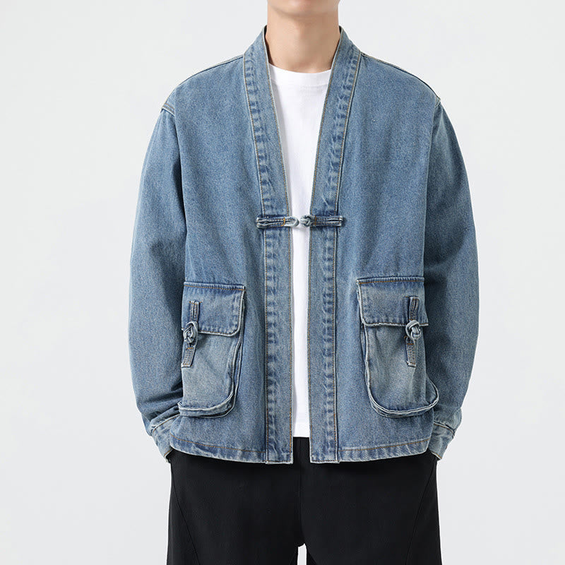 Veste en jean à manches longues et poches pour homme, en coton, avec boutons Buddha Stones - Bleu ciel clair - US/UK/AU48，EU58(5XL) - image 11