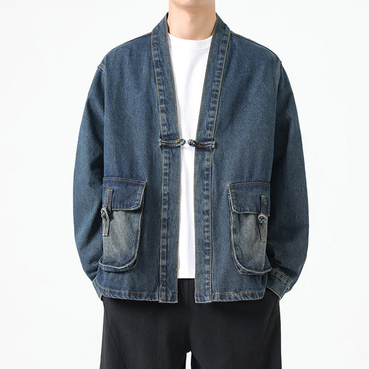 Veste en jean à manches longues et poches pour homme, en coton, avec boutons Buddha Stones - Bleu acier - US/UK/AU48，EU58(5XL) - image 18