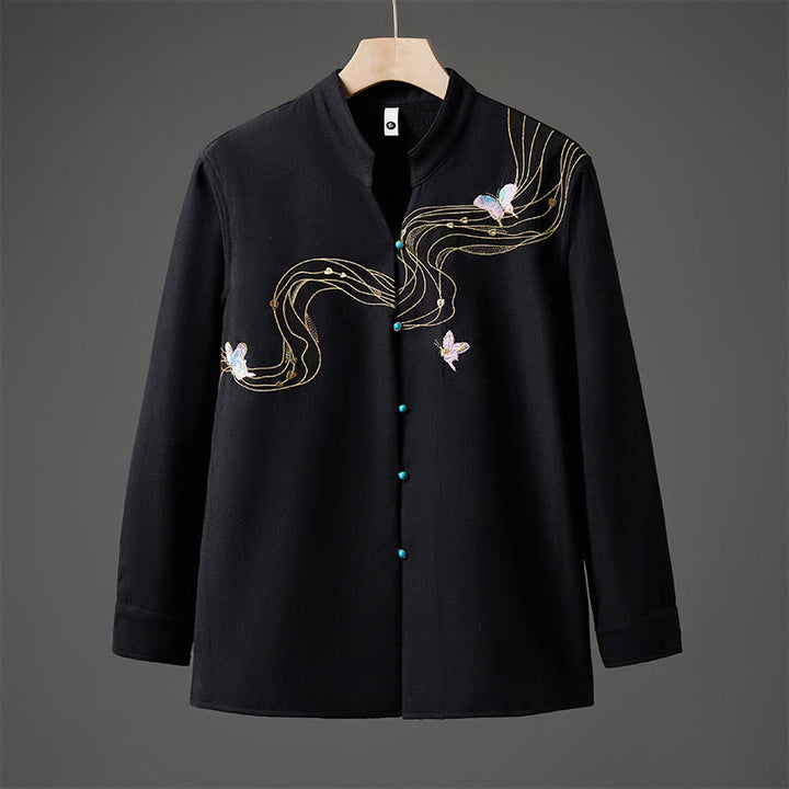 Veste d'hiver à manches longues en coton pour homme, doublée de polaire, avec ruban papillon brodé Buddha Stones - Noir - US/UK/AU46，EU56 (5XL) - image 0