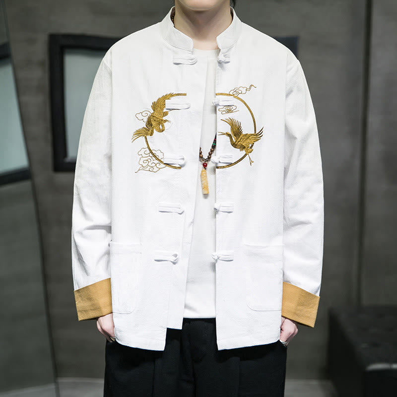 Chemise homme en coton et lin à manches longues avec boutons grenouille et motif de grues brodées de Buddha Stones et de nuages ​​de bon augure - image 1