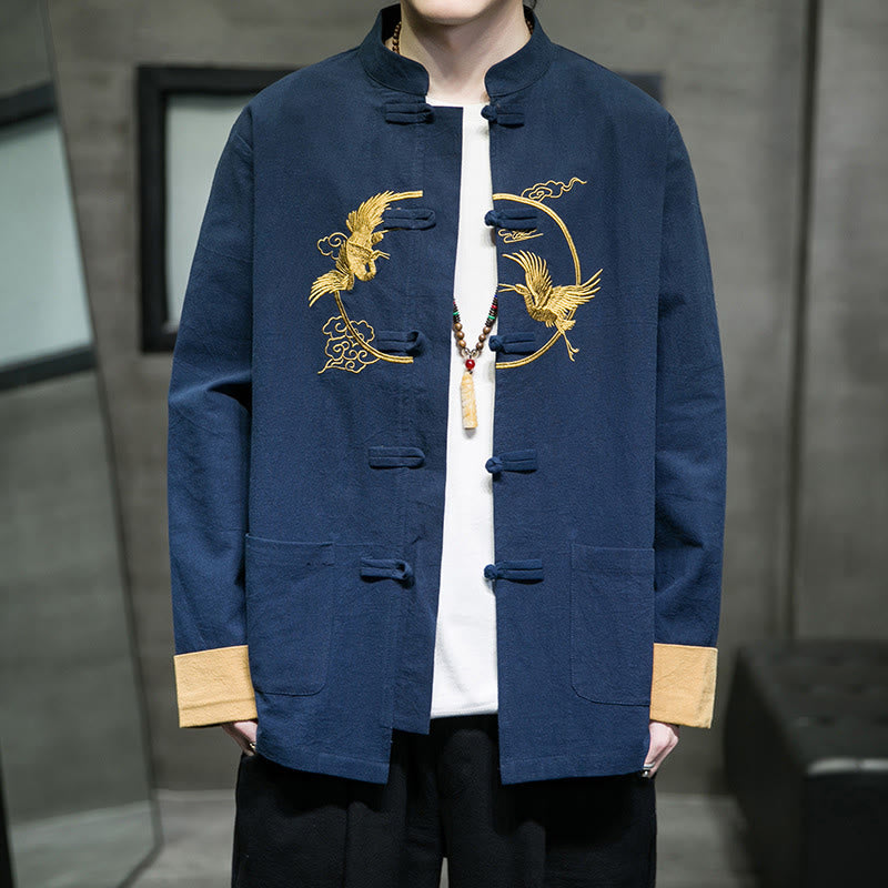 Chemise homme en coton et lin à manches longues avec boutons grenouille et motif de grues brodées de Buddha Stones et de nuages ​​de bon augure - Bleu acier - US/UK/AU46，EU56 (5XL) - image 21