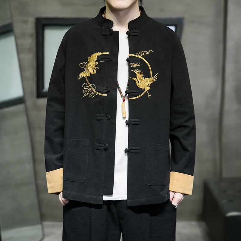 Chemise homme en coton et lin à manches longues avec boutons grenouille et motif de grues brodées de Buddha Stones et de nuages ​​de bon augure - Noir - US/UK/AU46，EU56 (5XL) - image 14