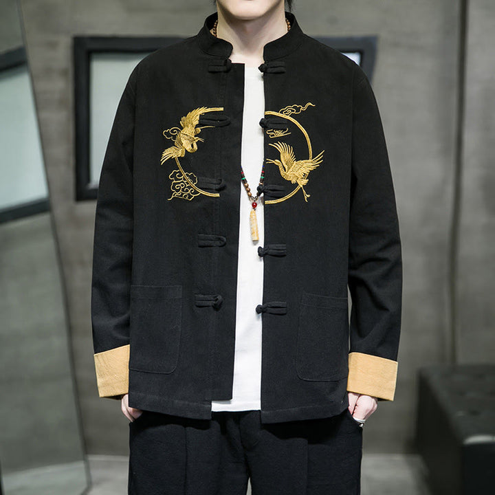 Chemise homme en coton et lin à manches longues avec boutons grenouille et motif de grues brodées de Buddha Stones et de nuages ​​de bon augure - Noir - US/UK/AU46，EU56 (5XL) - image 14